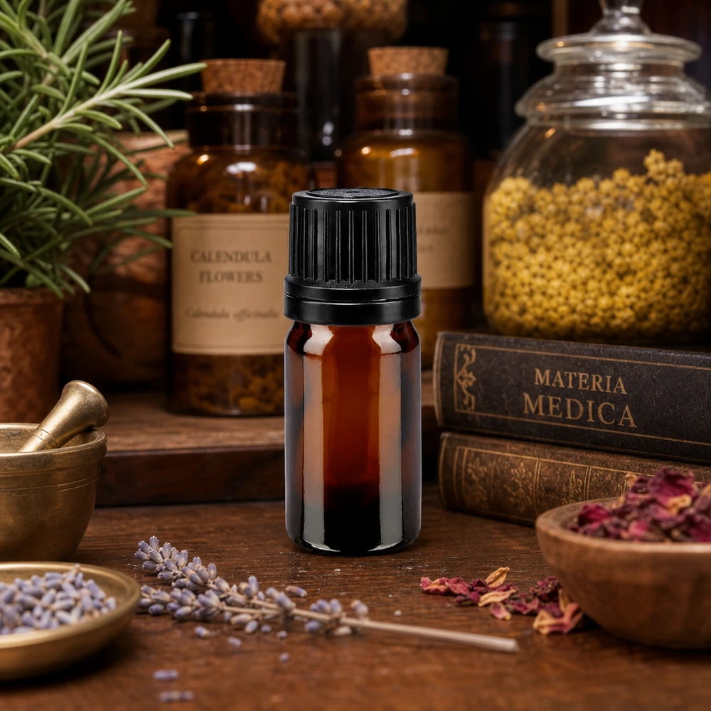 Apothekenflasche braun 5ml Schraubverschluss schwarz Giessring Originalitätsverschluss Aromaölflasche 5ml Apothekerglas mit 8mm Öffnung schwarze Schutzkappe auf Holztisch mit Lavendel