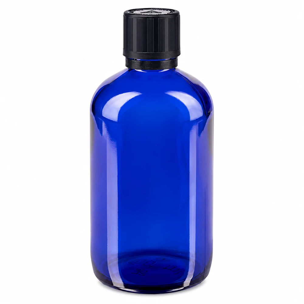 Apothekenflasche blau 100ml Tropfer Premium 1mm schwarz Kindersicherung Blindenwarnsymbol Originalitätsverschluss Runde blaue Apothekerflasche 100ml mit UV-Schutzglas und schwarzem Sicherheitsverschluss