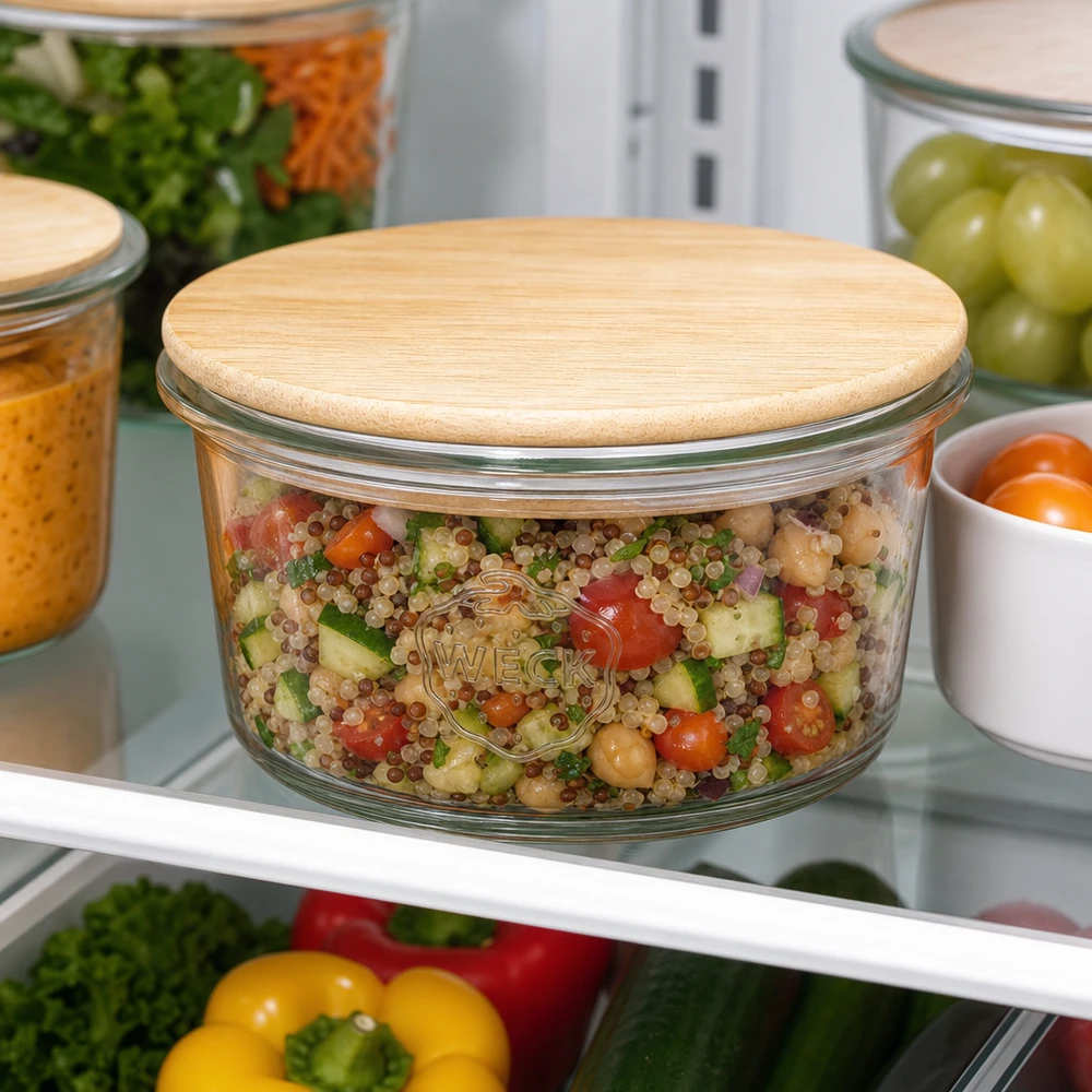 50ml Mini Sturzglas WECK RR60 mit Holzdeckel WECK Mini Sturzglas 50ml mit Quinoa-Salat gefüllt im Kühlschrank - perfekt für Meal Prep und gesunde Vorratshaltung