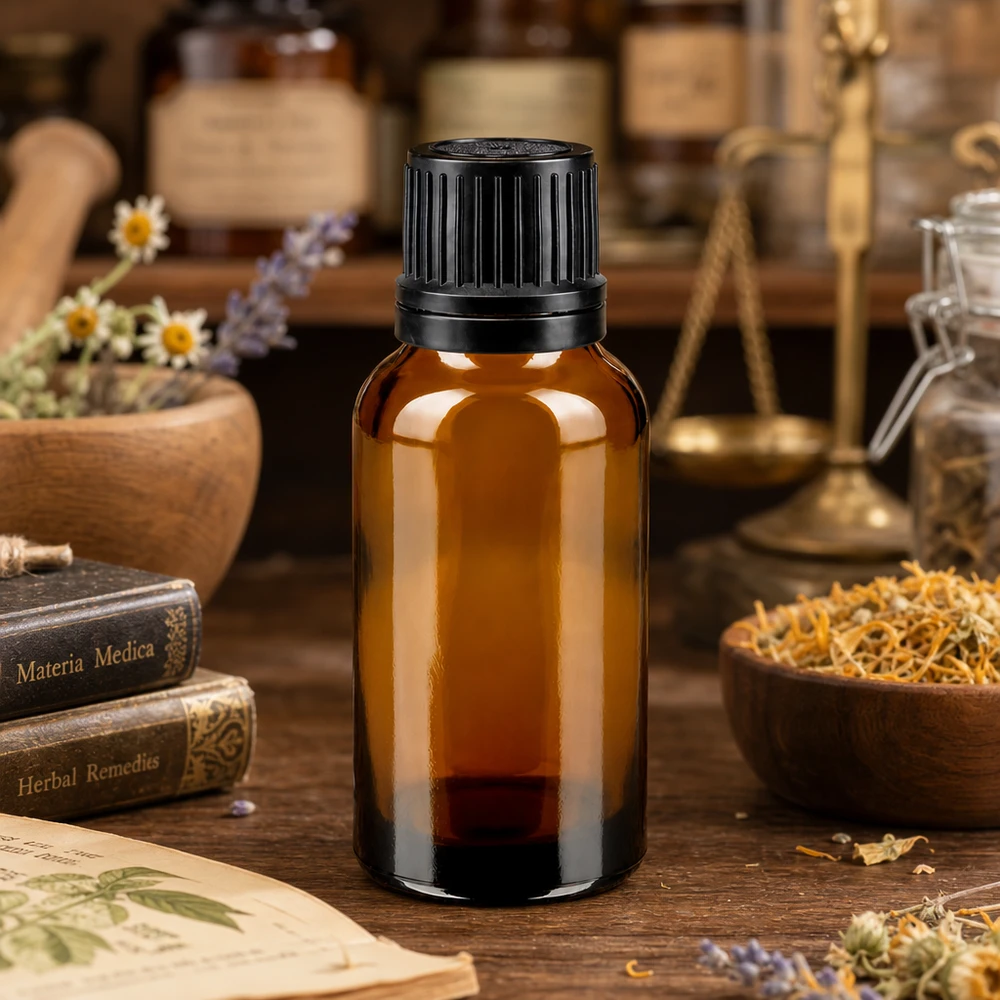 Apothekenflasche braun 20ml Schraubverschluss schwarz Giessring Originalitätsverschluss Bernsteinfarbene Medizinflasche 20ml mit schwarzem OV-Verschluss für Heilkräuteröle