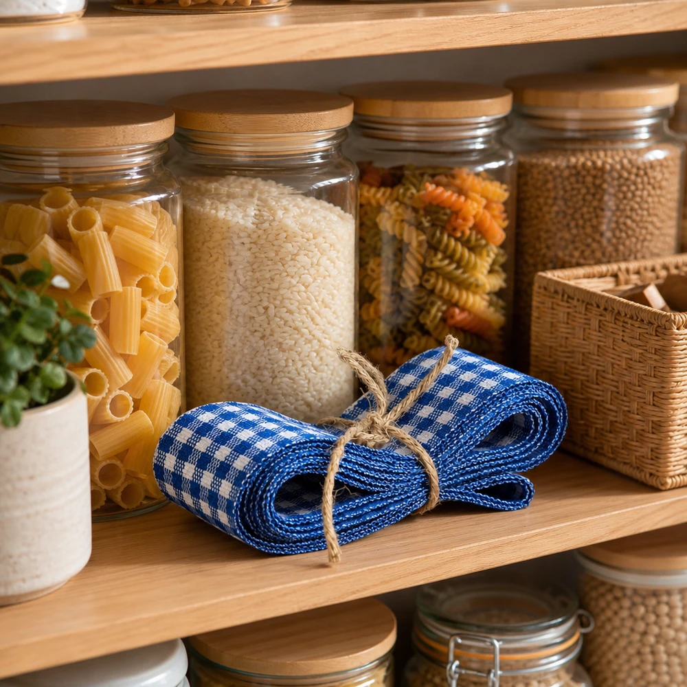 Stoffband blau/weiss zum Dekorieren 300cm Blau-weißes kariertes Stoffband 300cm auf Holzregal zwischen Vorratsgläsern mit Pasta und Reis in Pantry