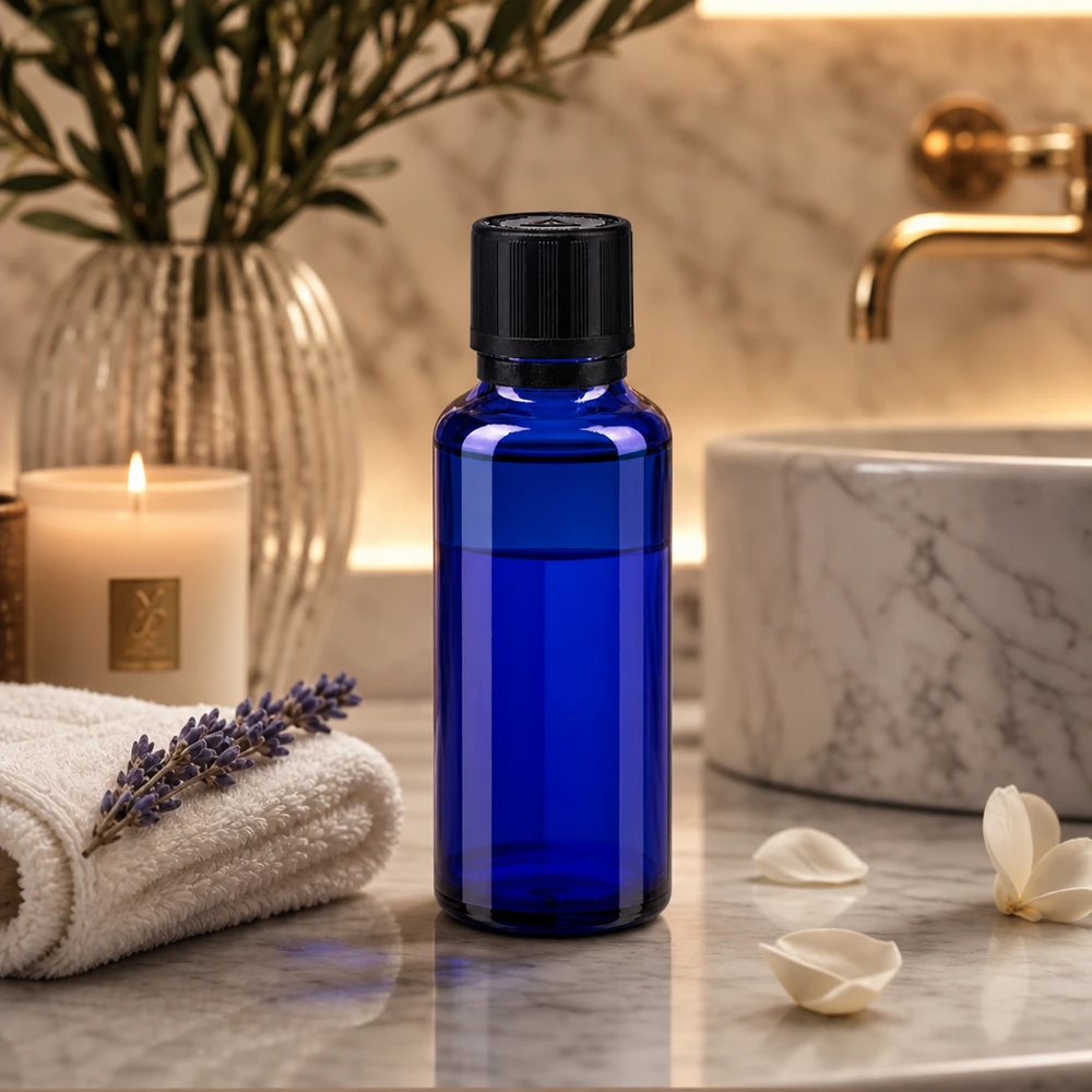 Hochwertige kobaltblaue Glasflasche 30ml mit Tropfeinsatz für ätherische Öle und Aromatherapie