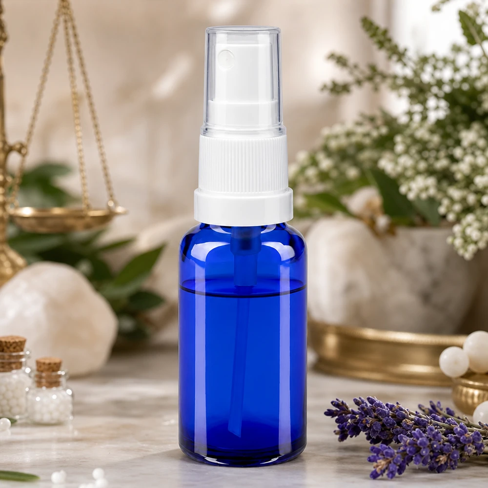 Apothekenflasche blau 20ml Sprayaufsatz weiß Blaue 20ml Flakon aus Apothekerglas mit transparenter Kappe für Gesichtswasser und Seren