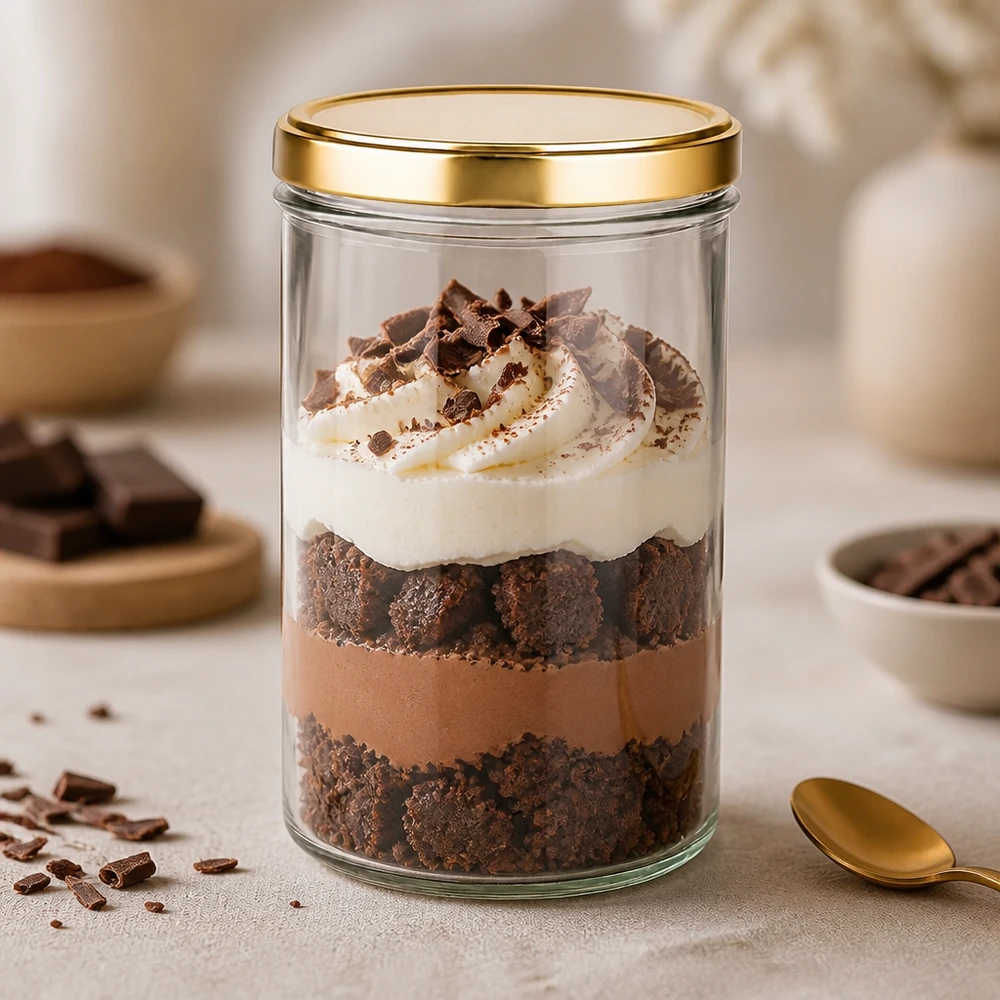 277ml Sturzglas mit BasicSeal Deckel gold UNiTWIST 277ml Sturzglas mit goldenem UNiTWIST Deckel als Dessertglas für Schokoladen-Tiramisu mit Sahne und Kakao