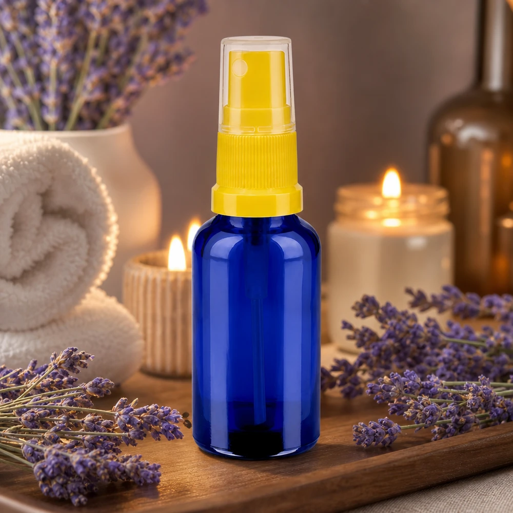 30ml Sprayflasche gelb/transparent Standardverschluss BlueLine UT18/30 Elegante blaue Glasflasche 30ml mit UV-Schutz ideal für lichtempfindliche Substanzen