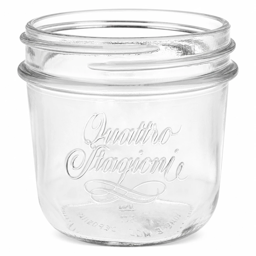 200ml Sturzglas "Quattro Stagioni" QS86mm 200ml Quattro Stagioni Einmachglas aus klarem Glas mit geprägtem Logo ohne Deckel für Konservierung und Aufbewahrung