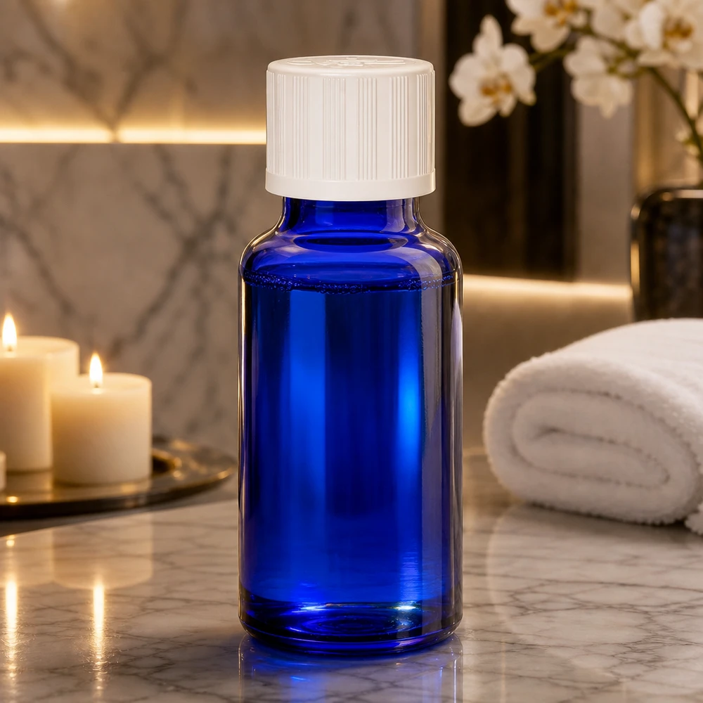 Apothekenflasche blau 20ml Schraubverschluss weiß Kindersicherung Standard UV-schützende blaue Glasflasche 20ml mit weißem Verschluss für Kosmetik und Naturheilkunde