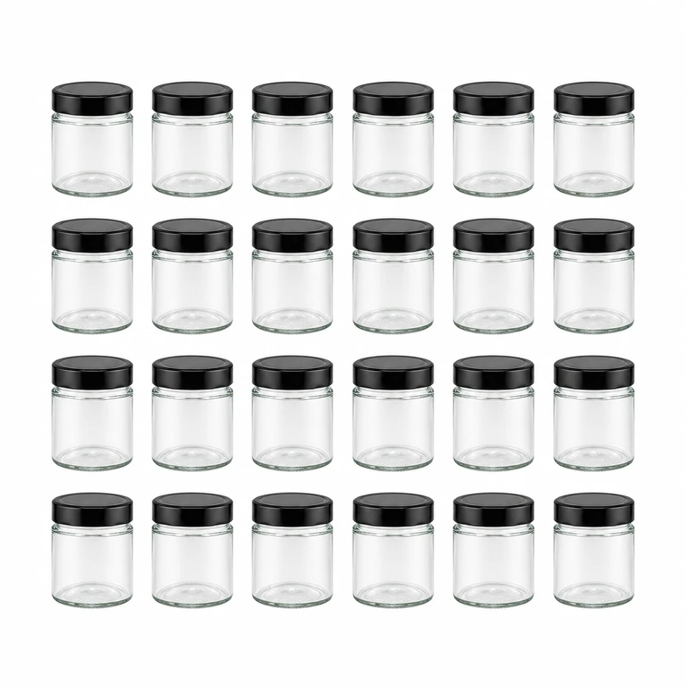 135ml Rundglas 24er-Set mit Deckel (Deckelfarbe: schwarz) – UNiTWIST 24 transparente Rundgläser 135ml mit luftdichtem schwarzem Deckel von UNiTWIST