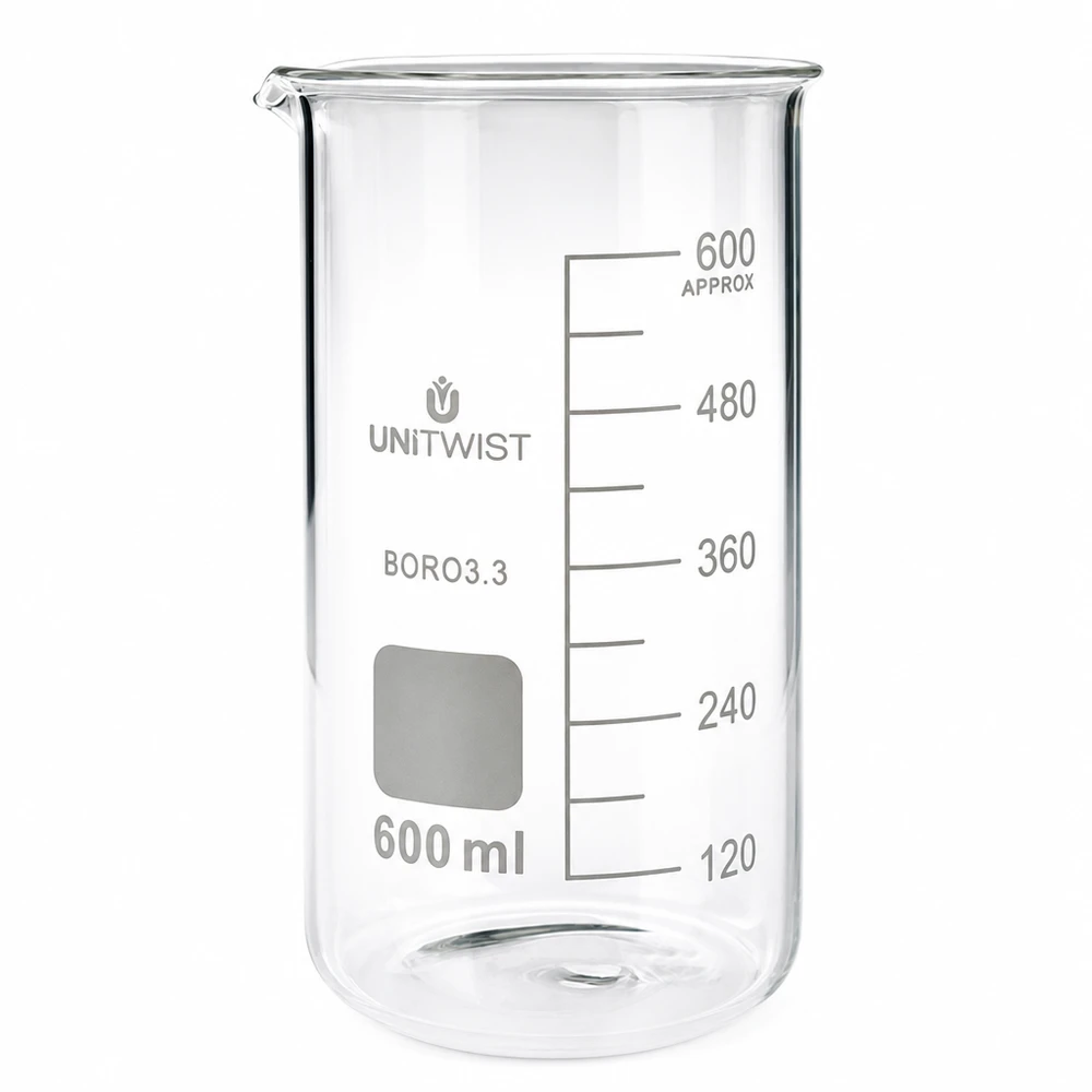 Becherglas 600ml Borosilikat, hohe Form UNiTWIST Messbecherglas 600ml hohe zylindrische Form Borosilikat Labor Glas mit Skalierung UNITWIST