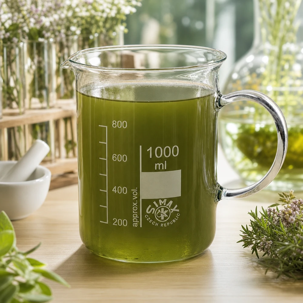 Simax Becherglas 1000ml mit sichtbarer Messskala gefüllt mit grünem Pflanzenextrakt