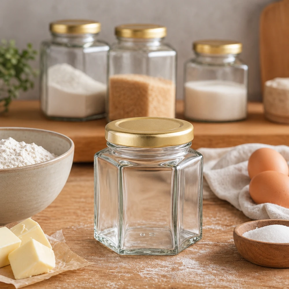 60g Honigglas sechseckig leer in Küchenszene mit Backzutaten Mehl Eiern Butter und Aufbewahrungsgläsern