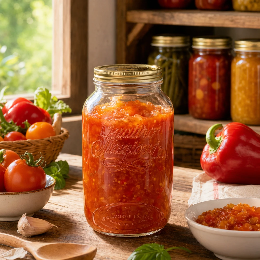 3800ml Rundglas "Quattro Stagioni" mit Deckel Quattro Stagioni 3800ml Rundglas mit Tomatensauce gefüllt neben frischen Tomaten und Paprika Einmachen Konservierung