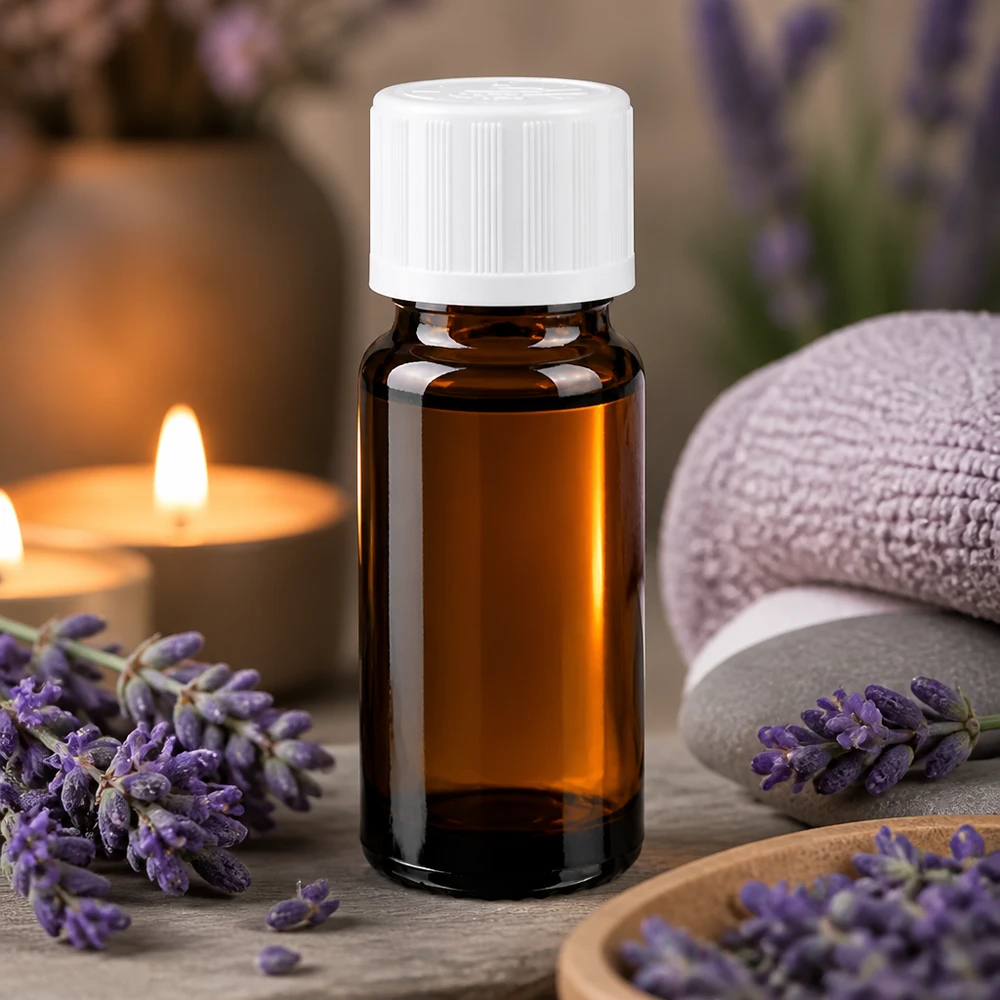 Apothekenflasche braun 10ml Tropfverschluss weiß Kindersicherung Standard Lichtschützende braune Glasflasche 10ml mit kindersicherem Tropfverschluss in Aromatherapie-Umgebung
