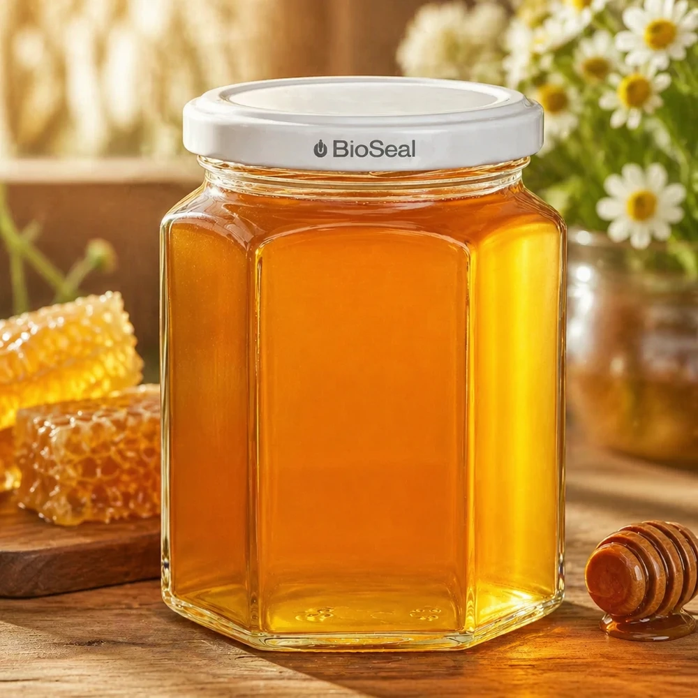 288ml Hexaglas mit BioSeal Deckel weiß UNiTWIST UNiTWIST Hexa288 Honigglas mit goldenem Honig gefüllt neben Bienenwabe und Honiglöffel auf Holztisch