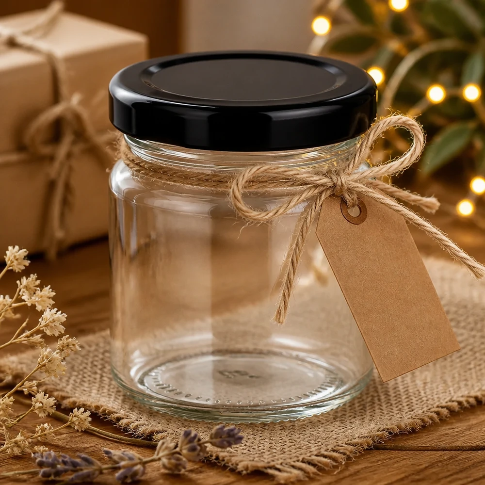 Dekoratives Glasgefäß 53ml mit schwarzem Deckel und leerem Etikett UNiTWIST 48er Set