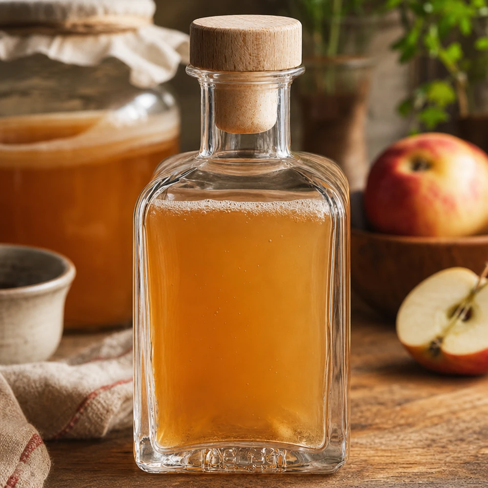 200ml Glasflasche "Clara" mit Holzgriff-Korken UNiTWIST 200ml Glasflasche Clara mit Apfelsaft befüllt Holzkorken Apfelscheiben rustikale Küche natürliche Säfte Dekoflasche