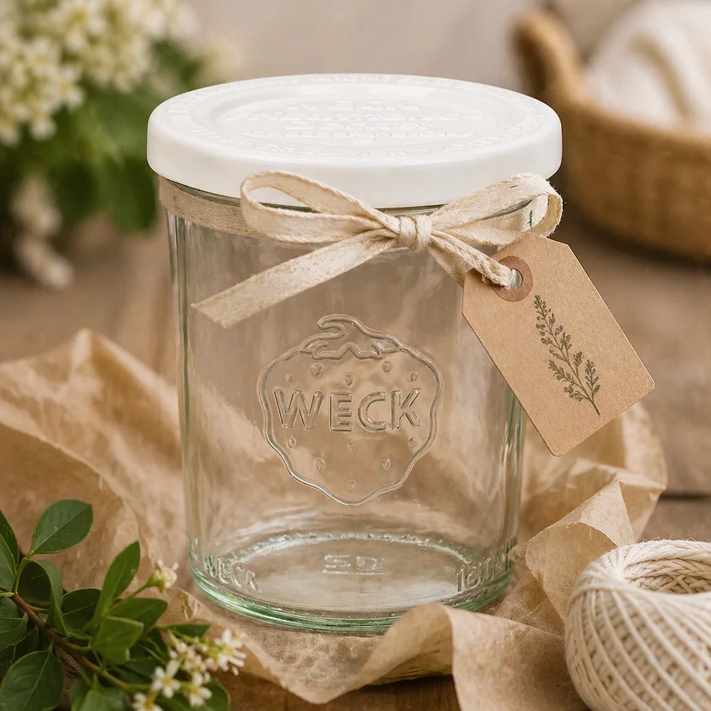 160ml Sturzglas mit Frischedeckel WECK RR60 WECK Sturzglas 160ml mit Dekobändchen und Anhänger - rustikale Geschenkverpackung für selbstgemachte Marmelade
