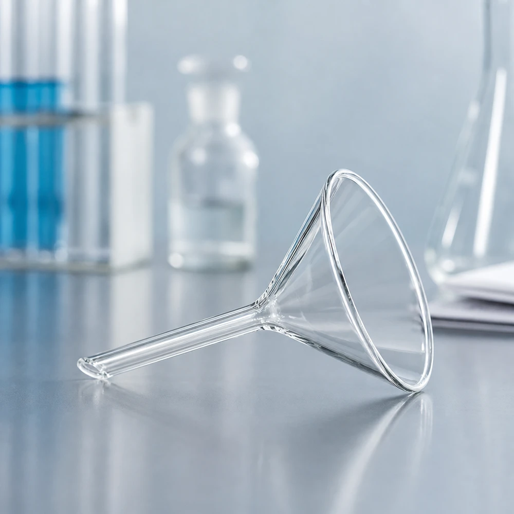 Trichter ø60mm Kalk-Soda, Winkel 60°, Kurzstil Ergonomischer Kurzstiel-Trichter aus Kalk-Soda-Glas für präzise Dosierung kleiner Flüssigkeitsmengen