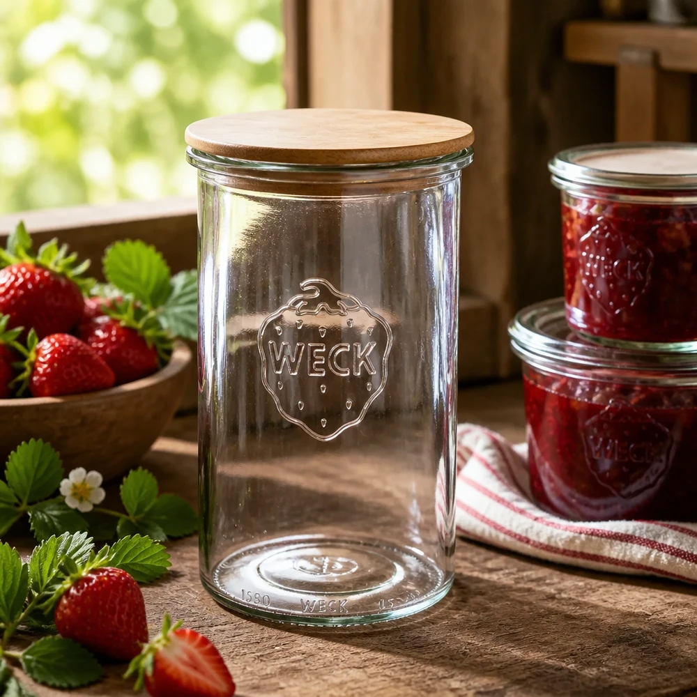 1000ml Sturzglas WECK RR100 mit Holzdeckel WECK Vorratsglas 1000ml mit Holzdeckel in rustikaler Küche neben selbstgemachter Erdbeermarmelade und frischen Erdbeeren