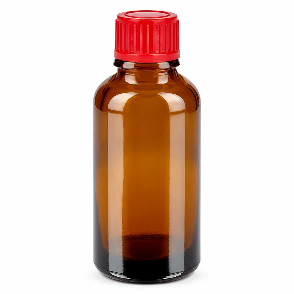 Hochwertige 30ml Glasflasche in Braun mit rotem Verschluss für sichere Aufbewahrung