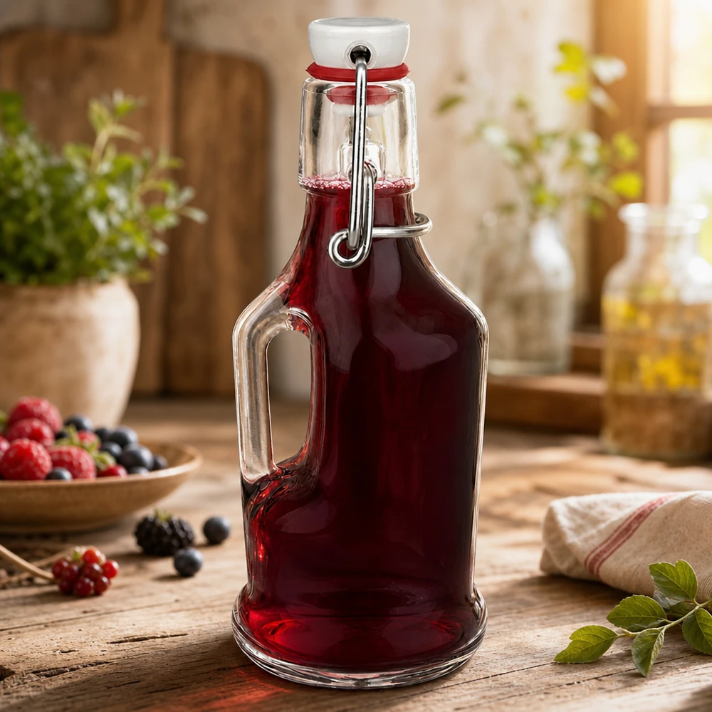 200ml Glasflasche "Bertha" + PVC Bügelverschluss UNiTWIST Glasflasche Bertha 200ml gefüllt mit rotem Beerensaft, Bügelverschluss geschlossen, rustikale Küche mit Beeren