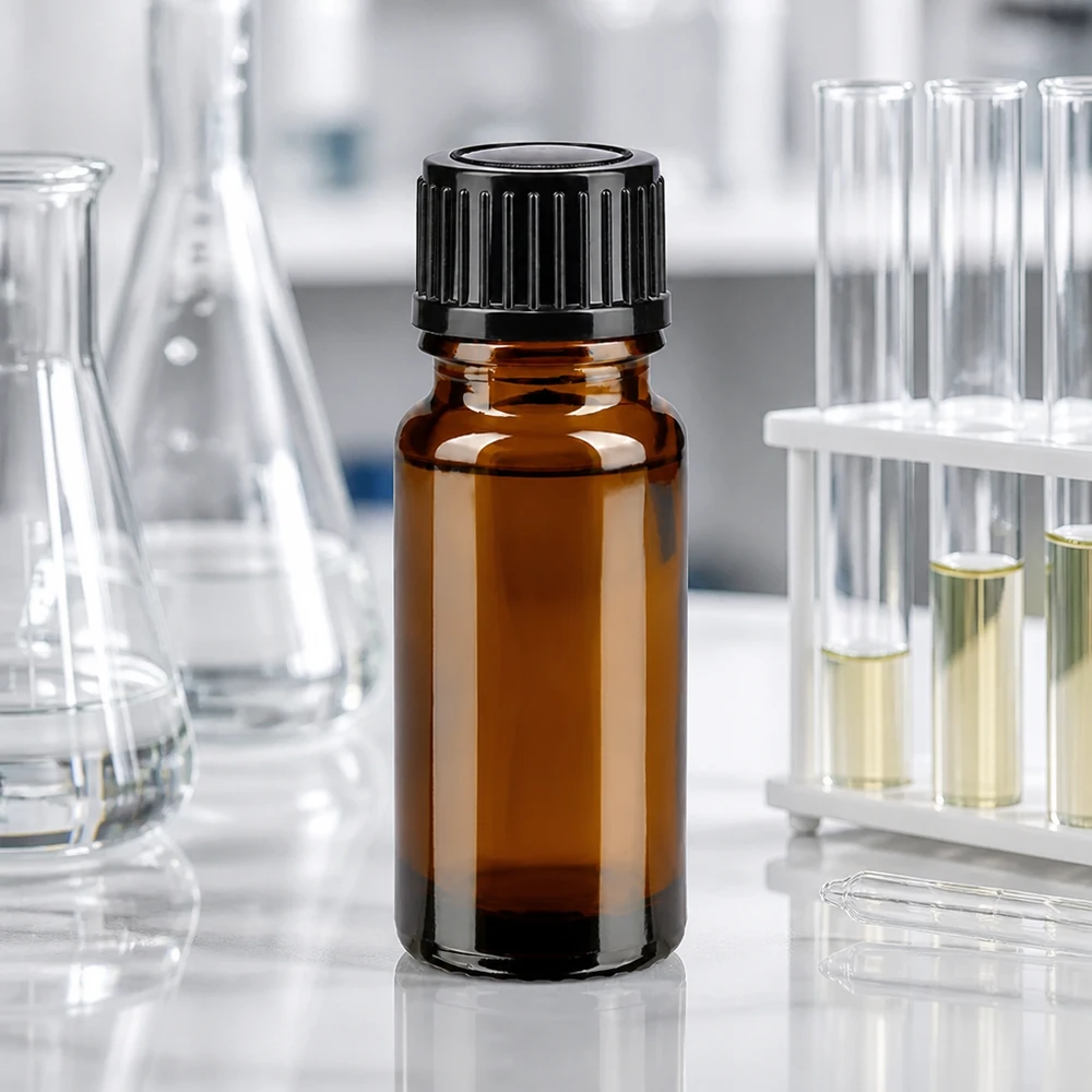 Apothekenflasche braun 10ml Schraubverschluss schwarz Standard UV-schützende braune Apothekerflasche 10ml mit schwarzem Verschluss neben wissenschaftlichem Laborequipment