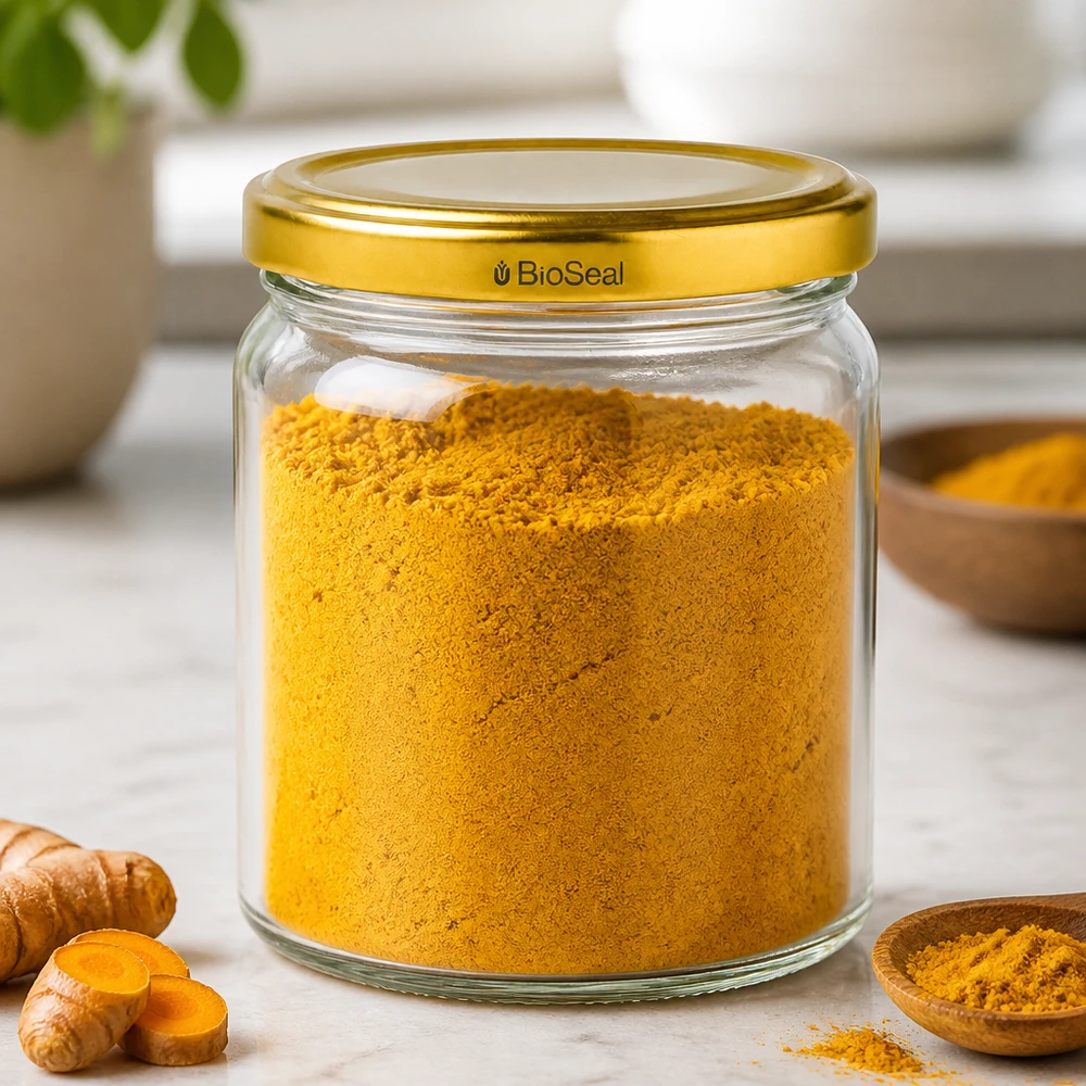 UNiTWIS Runda408 Vorratsglas mit goldenem TO82 Deckel gefüllt mit Kurkumapulver neben frischen Kurkumawurzeln