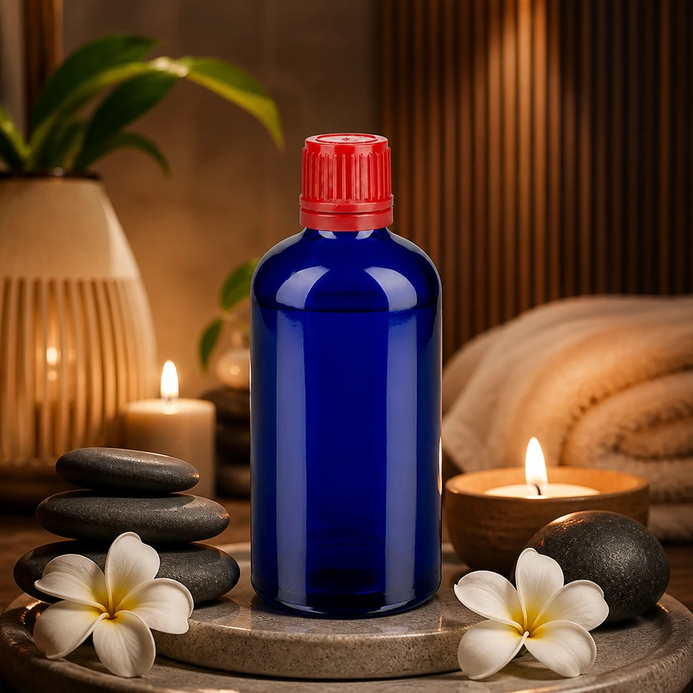 100ml Flasche 11mm Schraubverschluss rot Originalitätsverschluss BlueLine UT18/100 Kompakte Glasflasche 100ml BlueLine Serie mit rotem Kindersicherheitsverschluss UT18/100