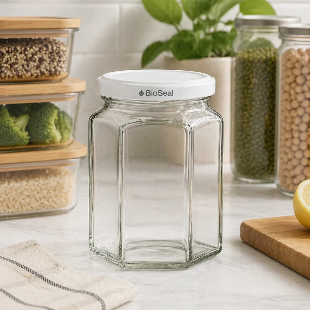 UNiTWIST Hexa288 leeres Glasgefäß mit weißem TO63 BioSeal Deckel in moderner Küche zwischen Vorratsbehältern