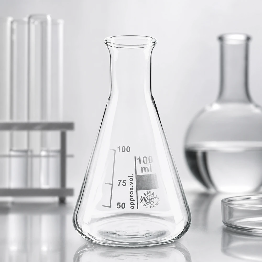 Erlenmeyerkolben 100ml Enghals mit matter Beschriftung für dauerhafte Kennzeichnung im Labor