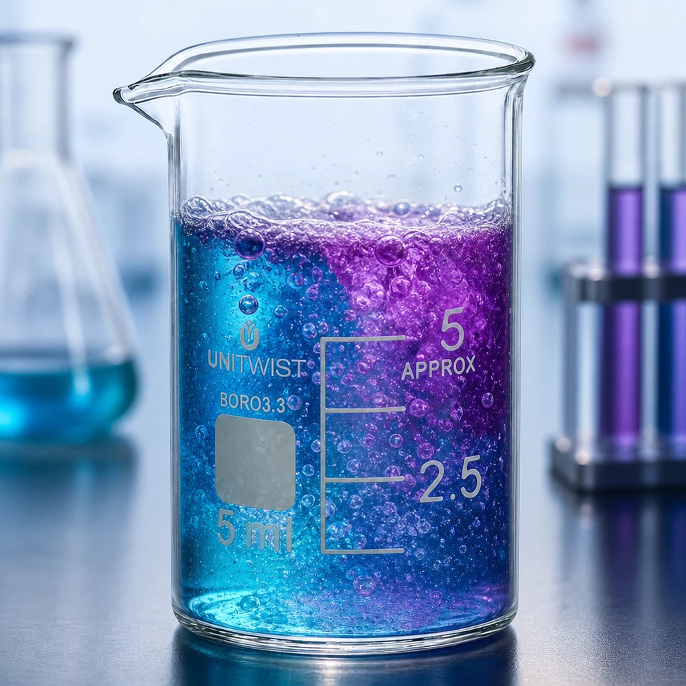 Becherglas 5ml Borosilikat, niedrige Form UNiTWIST Becherglas niedrige Form 5ml mit lebhafter Farbreaktion in blau und violett von UNiTWIST