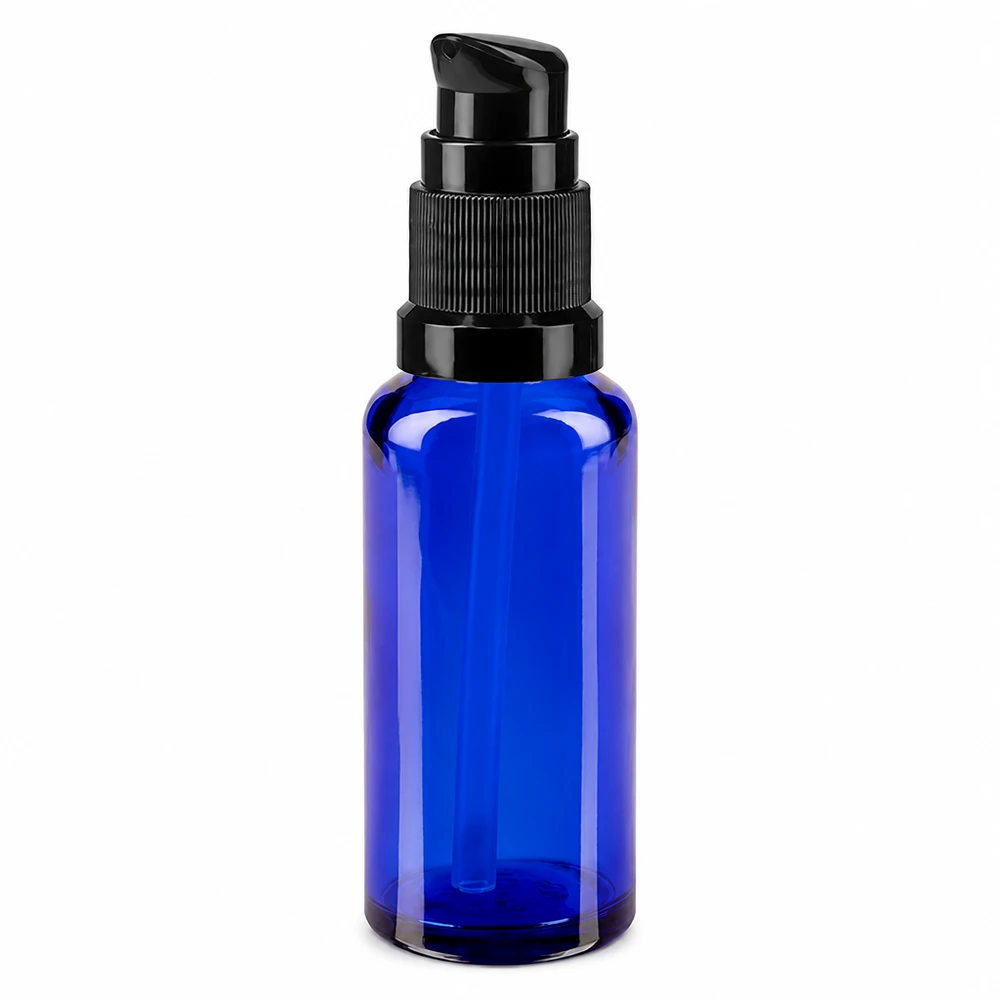 Apothekenflasche blau 30ml PumpVerschluss schwarz Standard Kleine blaue Glasflasche 30ml mit Pumpdosierer für flüssige Produkte
