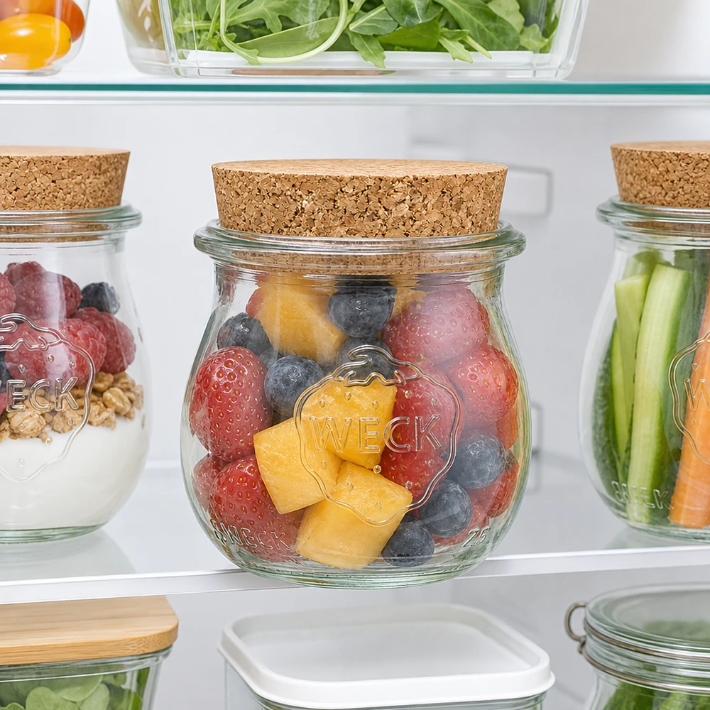 75ml Tulpenglas WECK RR40 mit Korken natur WECK Tulpenglas 75ml RR40 mit Korken im Kühlschrank gefüllt mit frischen Beeren zur Meal Prep Aufbewahrung