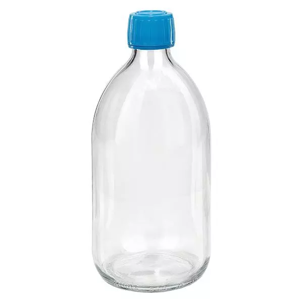 500ml Medizinflasche klar, Verschluss blau mit Originalitätsring ApoGlas 500ml Medizinflasche klar, Verschluss blau mit Originalitätsring ApoGlas