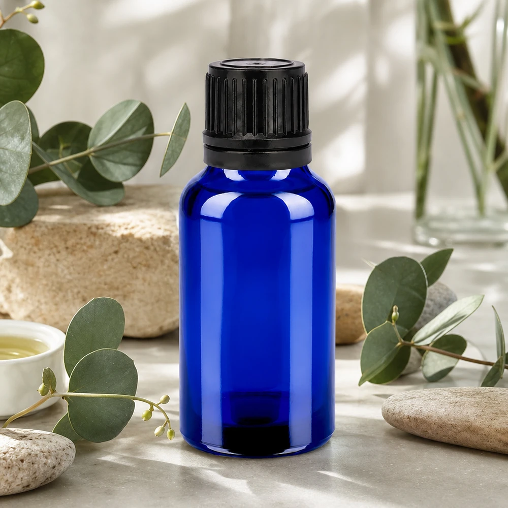 20ml Flasche 11mm Schraubverschluss schwarz Originalitätsverschluss BlueLine UT18/20 Elegante 20ml Blauglasflasche mit schwarzem Schraubverschluss für hochwertige Öl-Mischungen