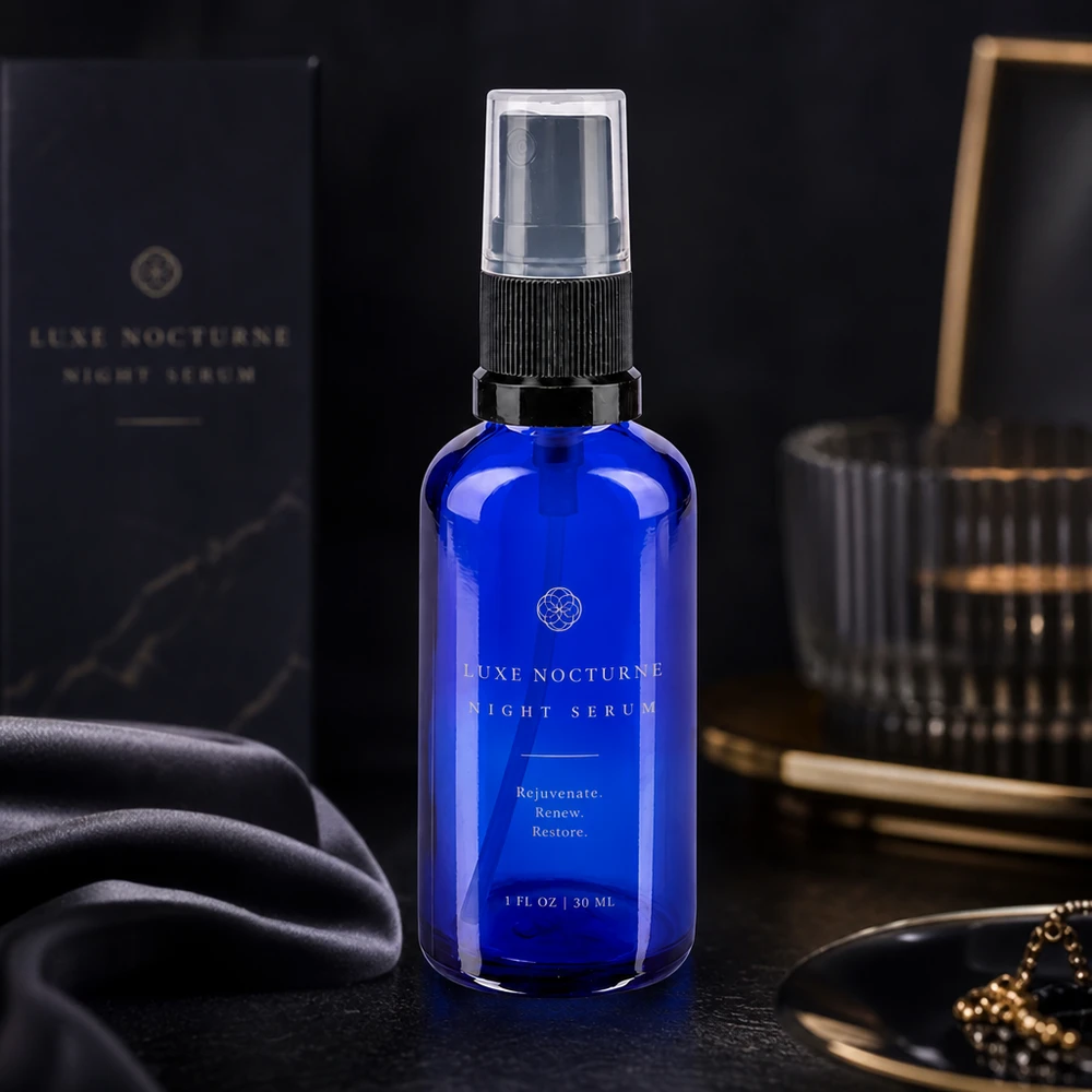 Schlanke kobaltblaue Glasflasche 30ml mit Feinsprüher für Hautpflege Serum