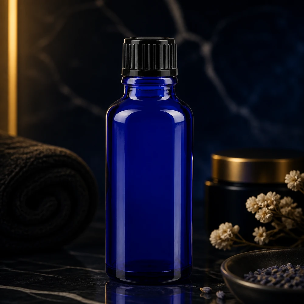 Apothekenflasche blau 30ml Tropfverschluss 1mm schwarz Standard 30ml Flakon aus kobaltblauem Apothekenglas mit schwarzem Rippenverschluss im Spa-Ambiente