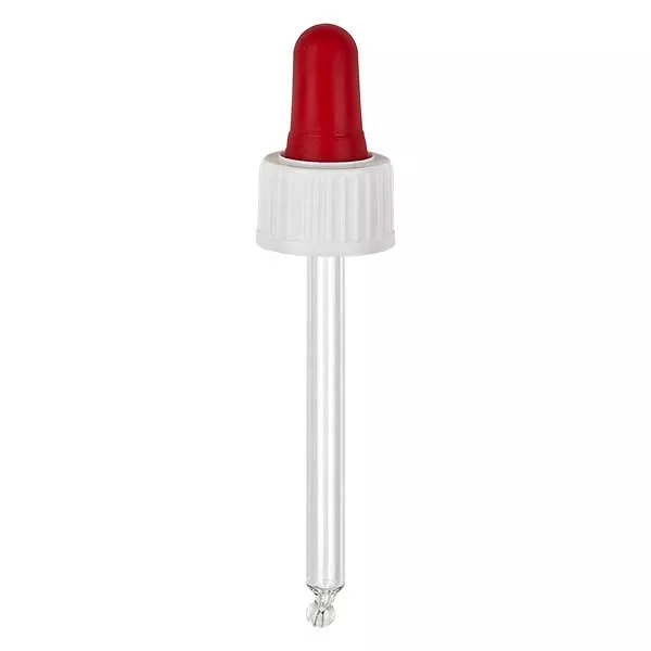 Glas-Tropfpipette weiß/rot 18mm PL66 Standard Glas-Tropfpipette weiß/rot 18mm PL66 Standard