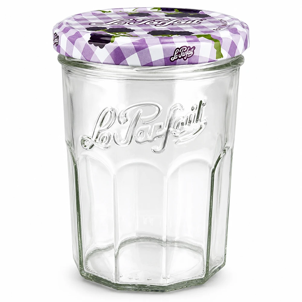 385ml Sturzglas "Jam" mit Schraubdeckel Le Parfait® Le Parfait Sturzglas 385ml mit lila kariertem Schraubdeckel für Marmelade und Einmachen aus klarem Glas