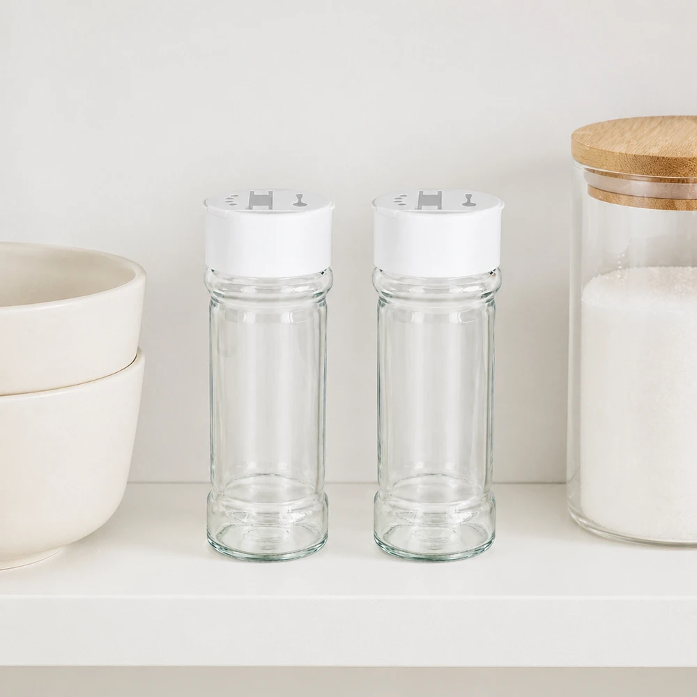 Salz-/Gewürzglas 100ml mit Doppelstreuer weiss Zylindrisches Gewürzglas 100ml aus Klarglas mit weißem Streuerdeckel im Landhaus-Stil