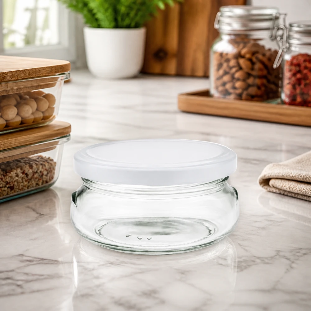 UNiTWIST 120ml Glas mit breiter Öffnung und weißem Deckel ideal für Dips und Aufstriche