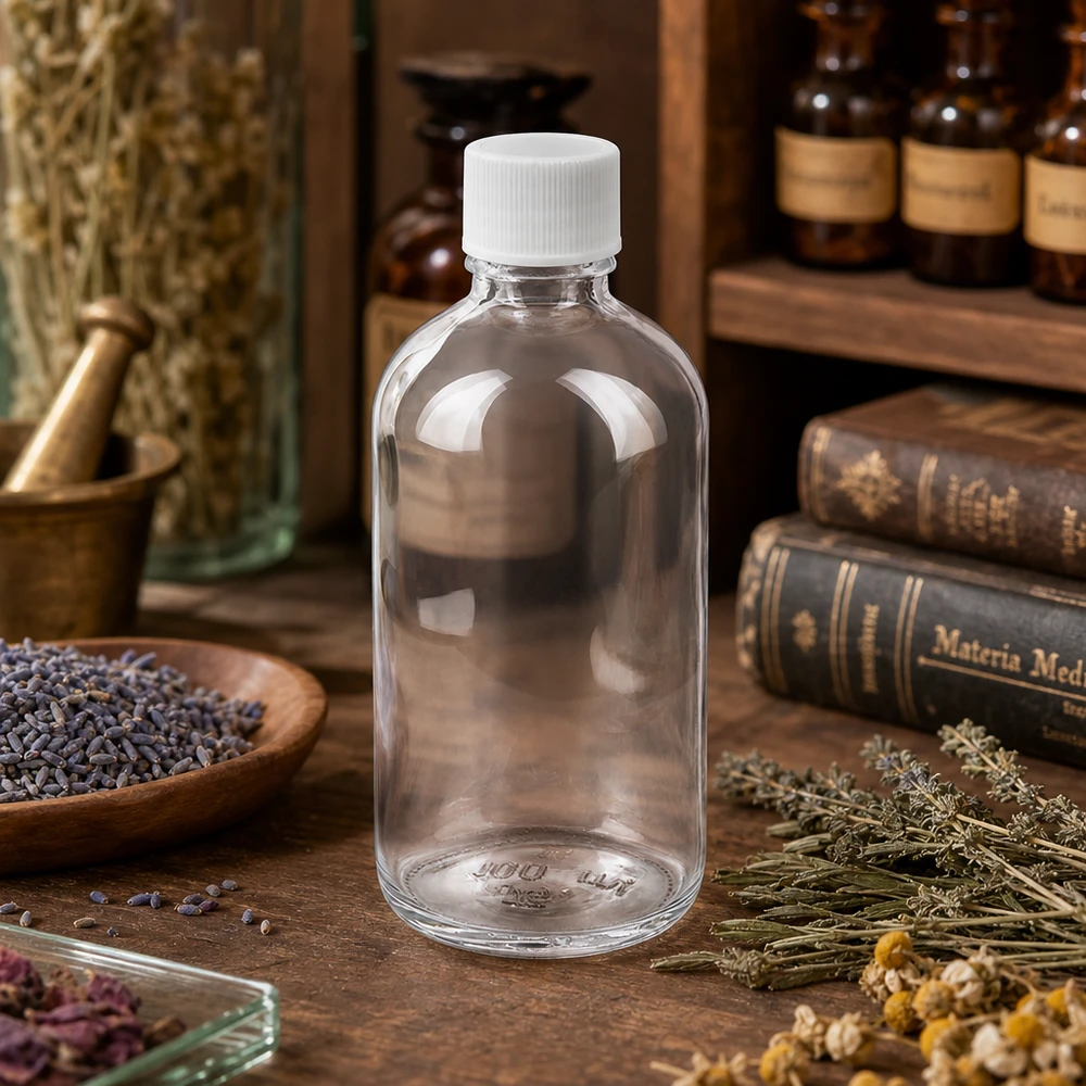 100ml Flasche 11mm Schraubverschluss weiß Standard ClearLine UT18/100 Pharmaglasflasche 100ml UT18 ClearLine mit weißem Standardverschluss für Tinkturen