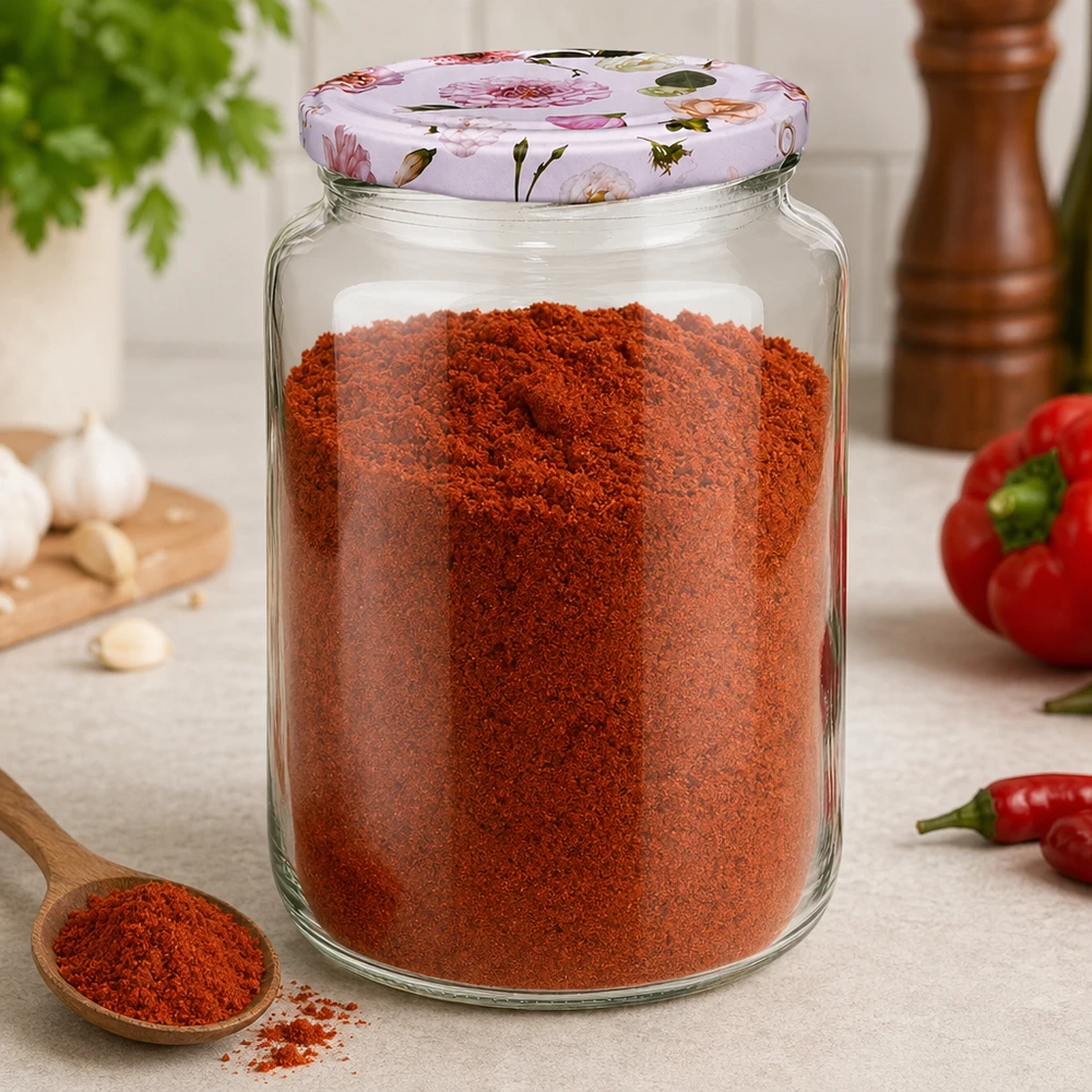 795ml Rundglas gefüllt mit rotem Paprikapulver BasicSeal Deckel rosa Blumenmuster Gewürz Vorratsdose Küche
