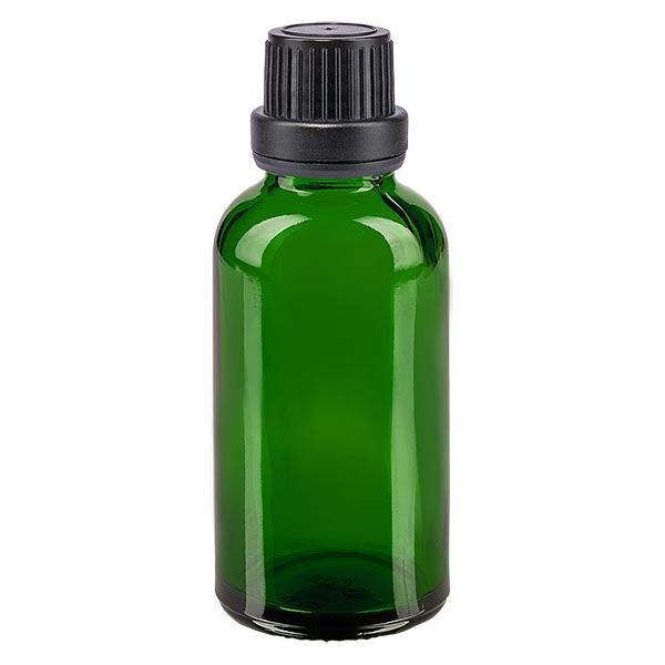 Apothekenflasche grün 30ml Tropfverschluss Giessring 2mm schwarz Originalitätsverschluss Apothekenflasche grün 30ml Tropfverschluss Giessring 2mm schwarz Originalitätsverschluss