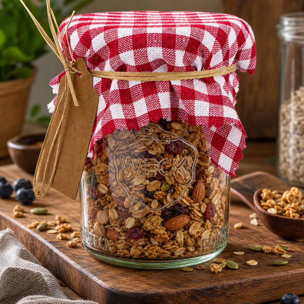 Stoff Schmuckdeckchen bordeaux-kariert 12cm eckig Bordeaux-kariertes Schmuckdeckchen 12cm auf Weckglas mit Müsli-Mix als dekorative Geschenkverpackung