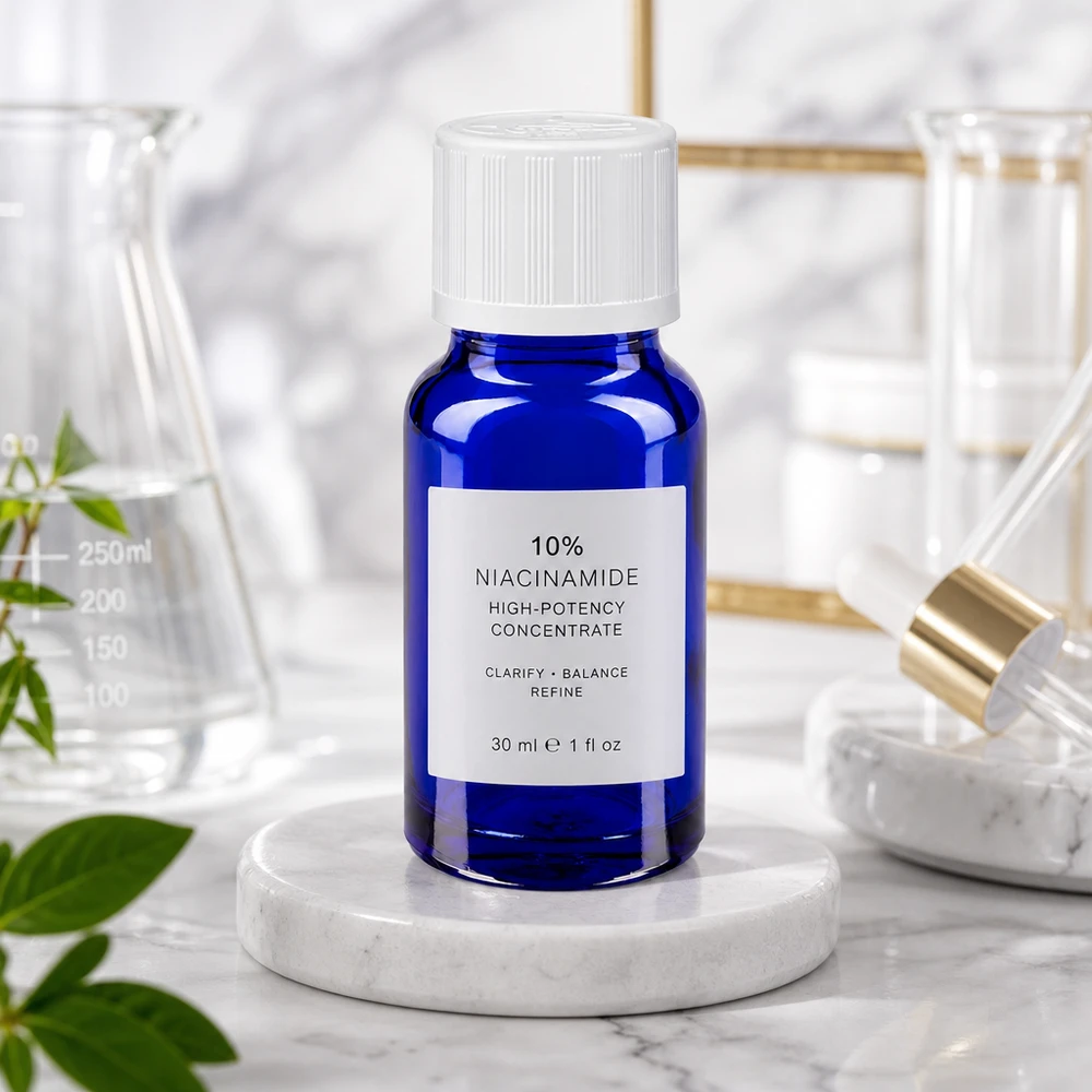 10ml blaue Dropper-Flasche aus Apothekerglas mit weißem KiSi-Deckel und goldfarbener Pipette daneben