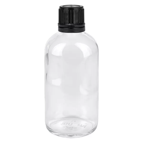 100ml Globuliflasche 3mm Giessring schwarz Standardverschluss ClearLine UT18/1 Hochwertige transparente Glasflasche 100ml mit engem Hals und sicherem Schraubverschluss