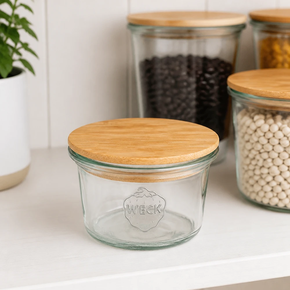 WECK Mini Sturzglas 35ml RR40 mit Bambus Holzdeckel in moderner Küche neben Vorratsgläsern mit Bohnen und Linsen