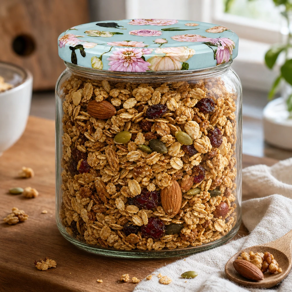 425ml Rundglas + BasicSeal Deckel Blume mint UNiTWIST 425ml Rundglas mit Blume mint Deckel voller Müsli und Nüsse - Vorratsglas für Granola auf Holzbrett