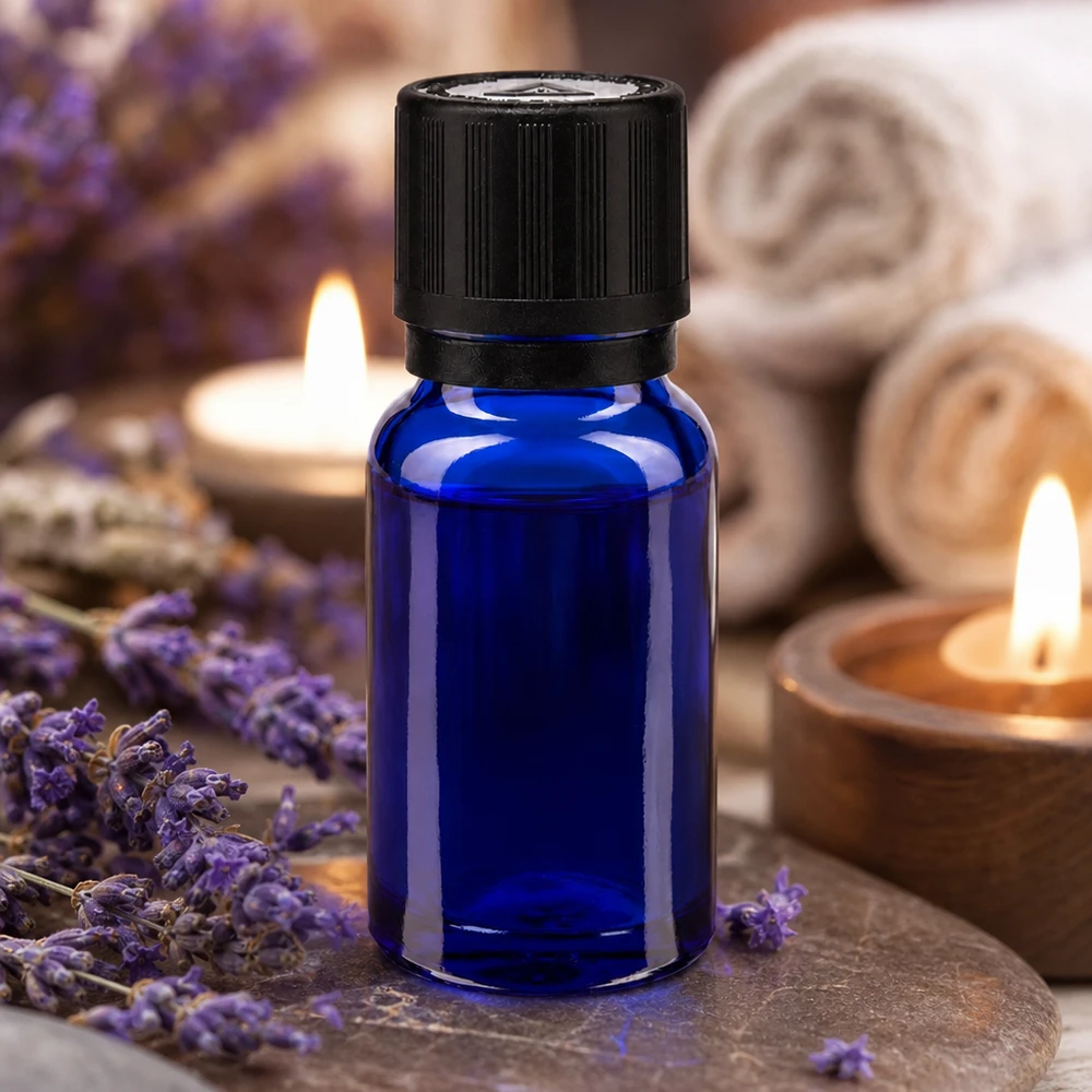 Blaue Glasflasche 10ml mit Kindersicherung für Lavendelöl und ätherische Öle im Wellnessbereich